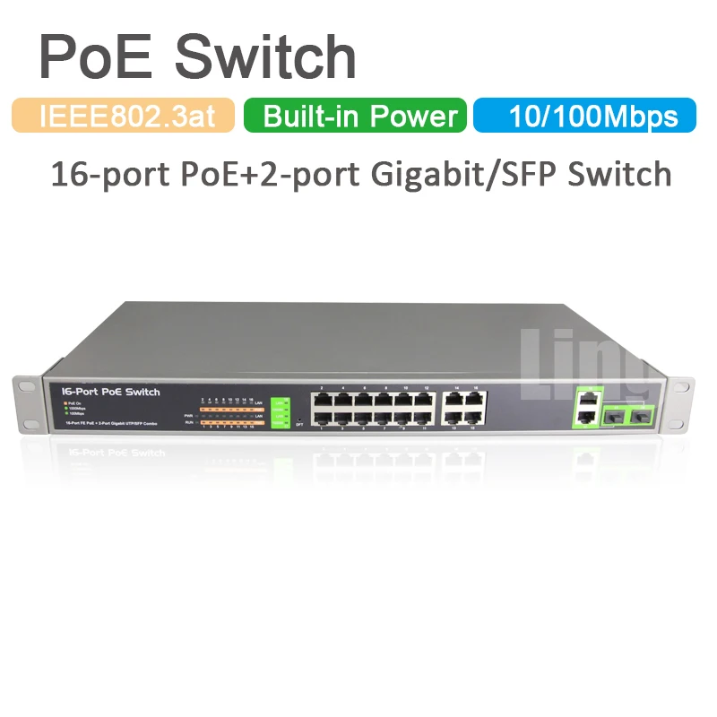 

16-портовый коммутатор poe 10/100 Мбит/с, PoE + 2 гигабита + 2 порта SFP, коммутатор Ethernet 48 В для IP-камеры наблюдения
