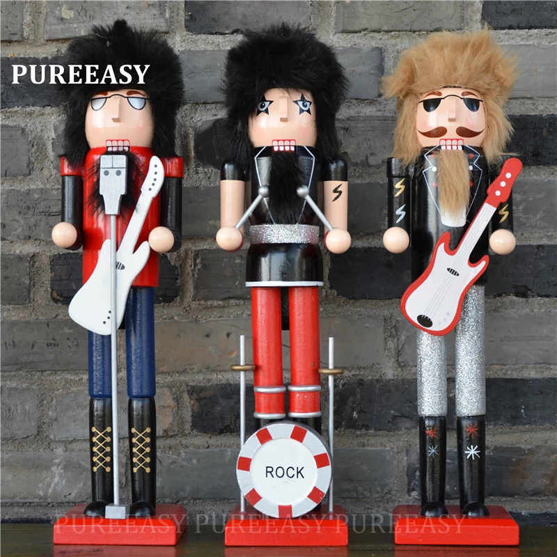 

38CM Nutcrackers Wood Home Decoration Figurines Europe Music Guitar Drums Bass Band Player Puppet Crafts Ornament