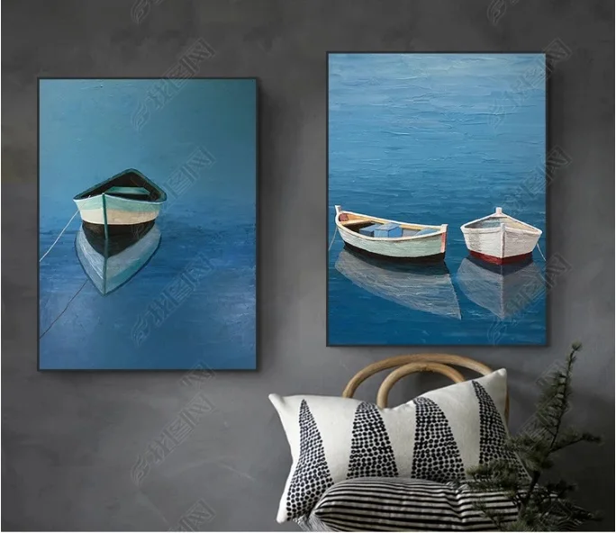 

2 Pieces Nordic Blue Ship Landscape Decorative Paintings Wall Art Print Picture Canvas Painting Poster for Living Room