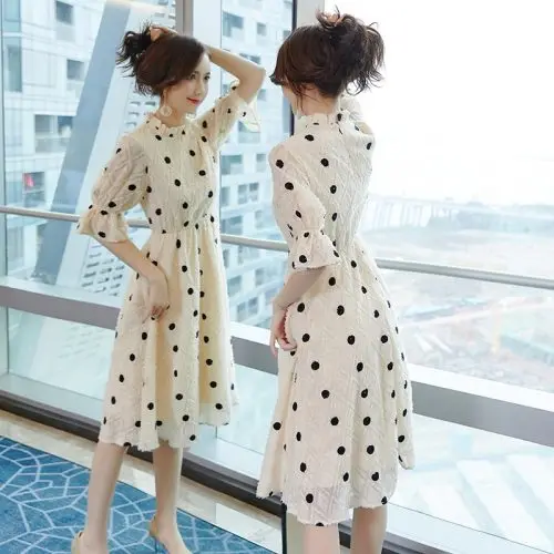 

New Summer 2019 Korean A-line Dot Chic Dress Fashion Flarre Sleeve Elegant Dress Casual Stand Collar Brief Dresses