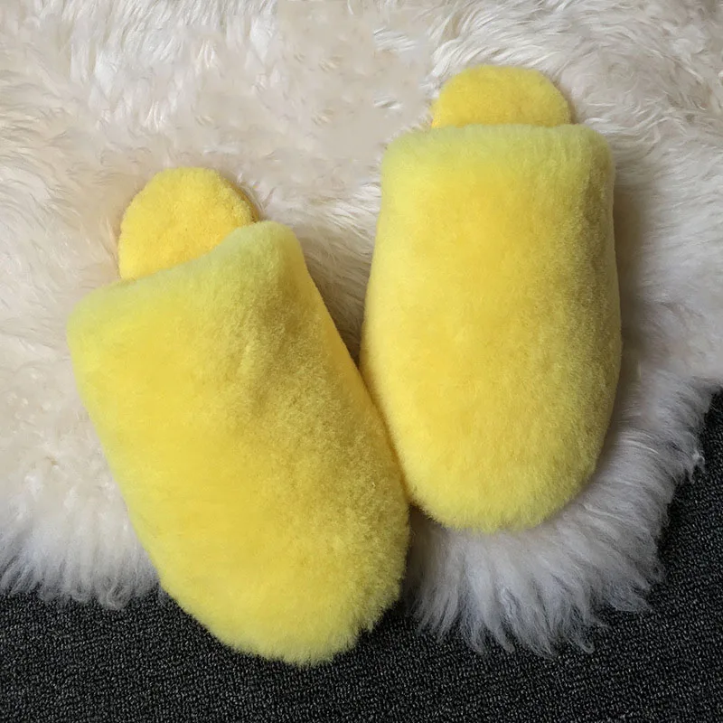 Yellow Тапочки из натуральной овечьей кожи наивысшего качества; модные зимние женские домашние тапочки; теплые шерстяные домашние тапочки; женская повседневная домашняя обувь - Цвет: Yellow
