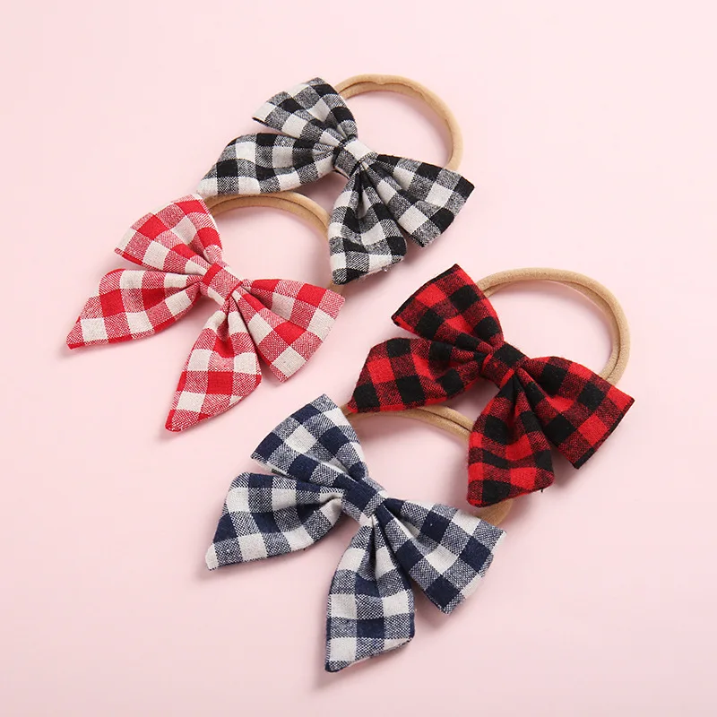 

4pcs Girls Nylon Grid Print Headband Hair Bows Head Band Elastic Bowknot Hairband for Kids Toddler Hair Accessories Headwear