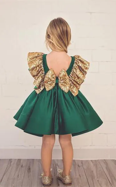 Dark Green Flower Girls Dresses With Bow Knot gold Sequins Backless Satin Pageant Gowns Knee Length Sleeveless prom dress | Детская