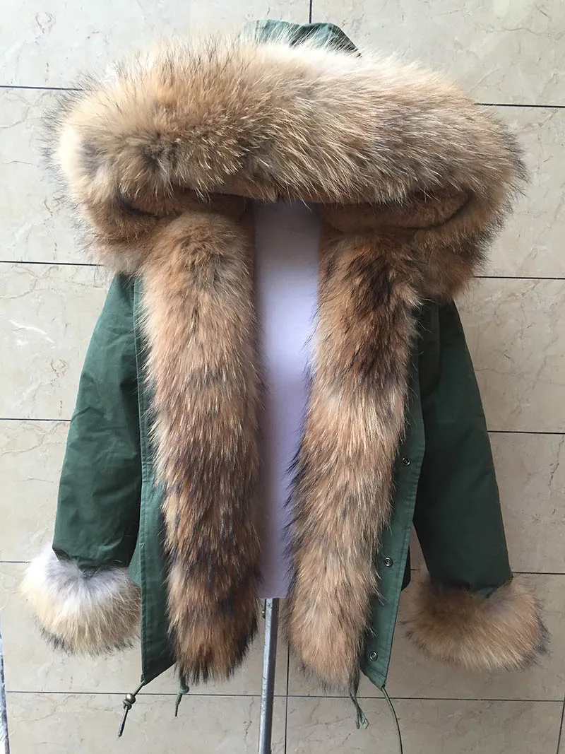 JKKFURS Новая женская модная парка с капюшоном из натурального меха енота зимняя теплая куртка толстое короткое пальто качество Parker S1802 - Цвет: Green Natural Brown