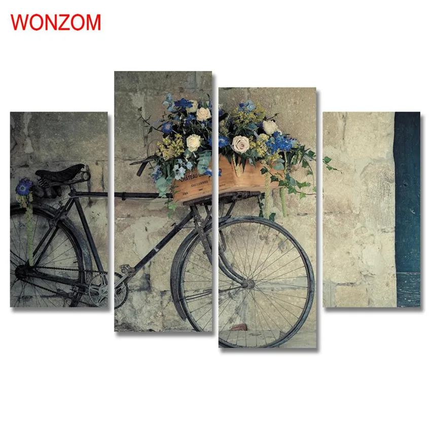 4Pcs Bike Basket Flowers Canvas Painting Modern On Cuadros Abstractos 2017 Wall Picture For Home Decoration Gift | Дом и сад