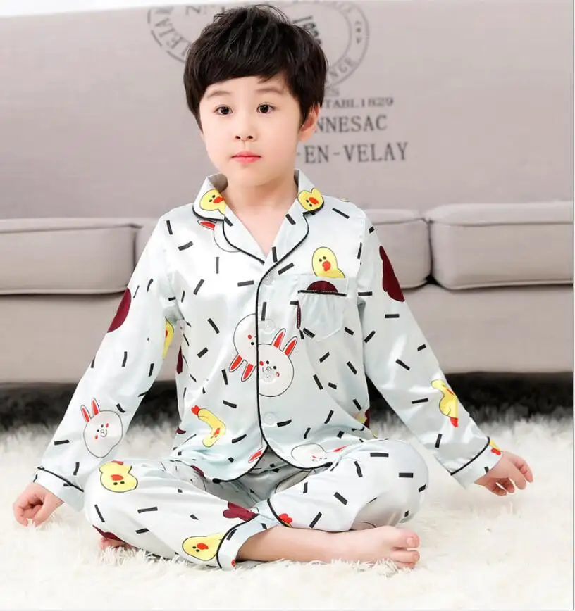 Cartoon long sleeve Пижамный комплект из шелковой ткани для мальчиков и девочек от 3 до 15 лет коллекция года, Весенняя Детская домашняя одежда ночное белье комплект одежды для девочек - Цвет: Cartoon long sleeve