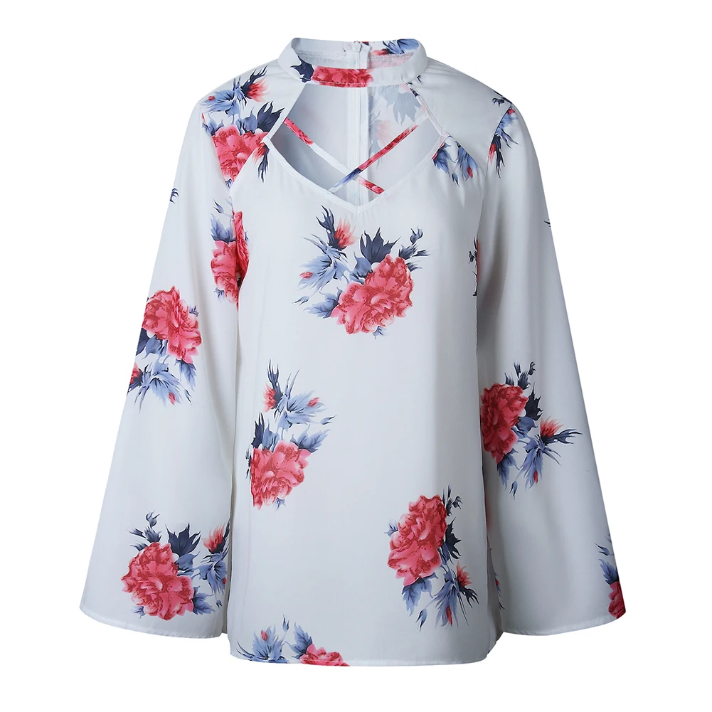 Women Choker Crisscross V Neck Flower Blouse Long Sleeve Casual Top Autumn Shirt new |