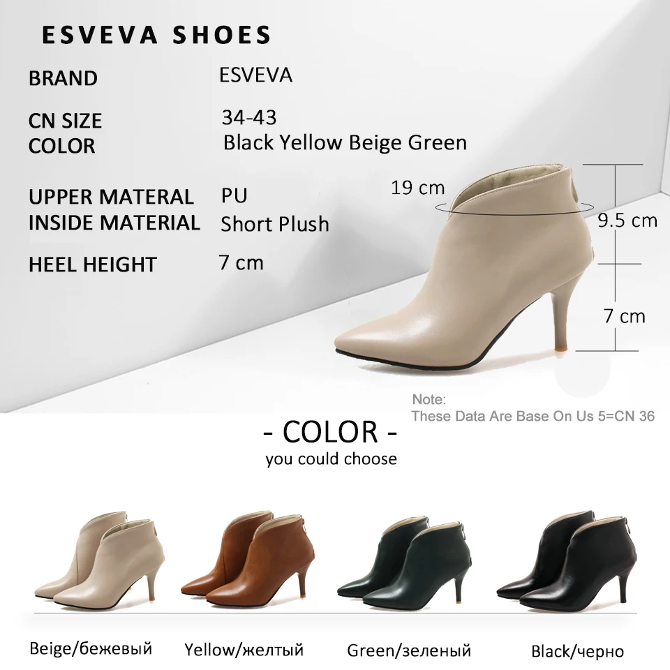 

ESVEVA 2020 Women Shoes Pointed Toe Boots Zipper Ankle Boots Thin High Heels Short Plush Autumn Shoes PU Boots Woman Size 34-43