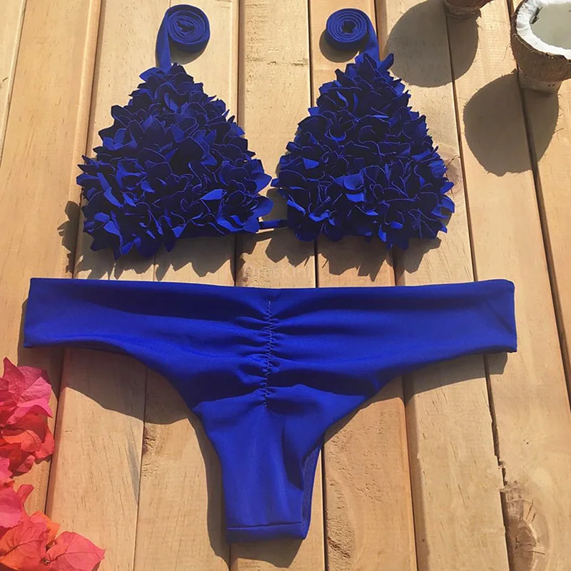 

Sexy 3D Flower Ruffled Bikini 2020 Women Swimsuit Female Brazilian Swimwear Two pieces Bikini Set Halter Bathing Suit Swim Lady