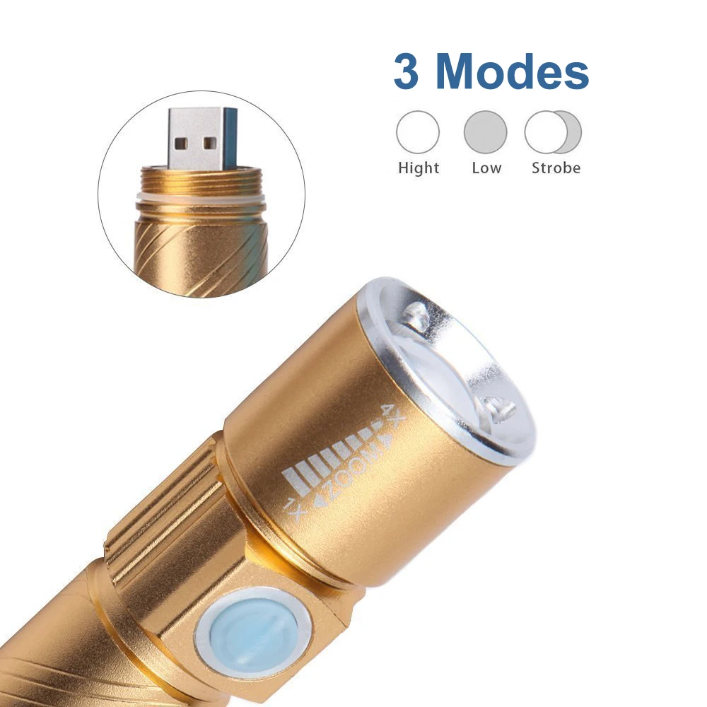 DONWEI Mini USB зарядное устройство Q5 светодиодный фонарь 3 режима регулируемый масштабируемый фонарик для путешествий, кемпинга, велоспорта с ремешком