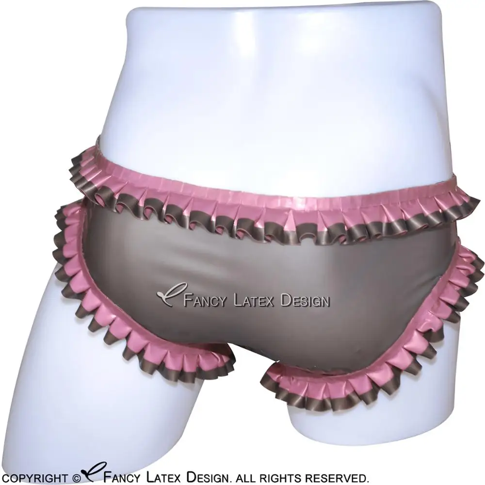 Transparent Black And Metallic Pink Sexy Latex Briefs With Ruffles Frills Rubber Panties Shorts Underpants Underwear DK-0055