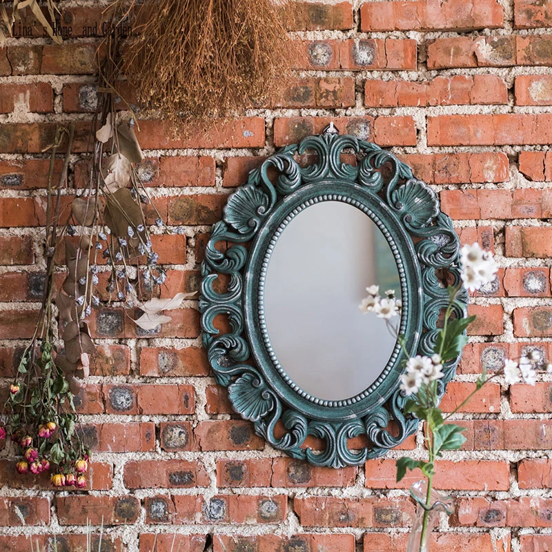 

oval handmade wall hanging hollow out antique blue classic framed mirror