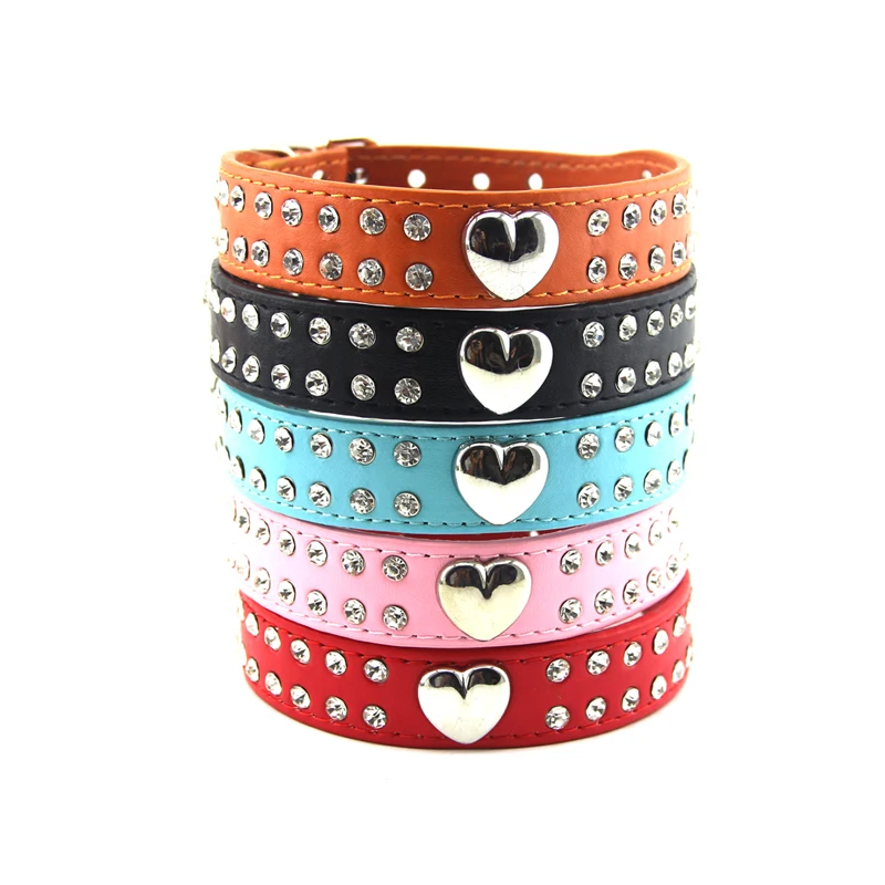 Стразы Кристалл Сердце Кожа ПЭТ кошачий собачий ошейник синий красный черный