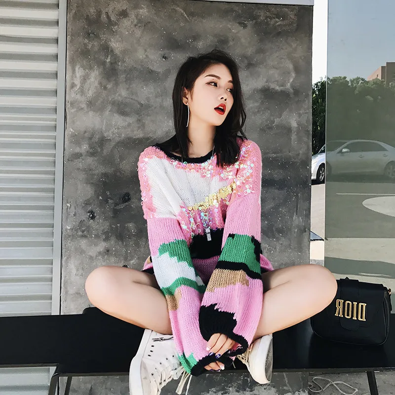 Фото 2018 Winter Fashion Sweet Pink Sweater Pullovers Women Long Sleeve Patchowork Sequins Femme Pull Jumper Harajuku Korean Clothing Женская 2018 Winter Fashion Sweet Pink Sweater Pullovers Women Long Sleeve Patchowork Sequins Femme Pull Jumper Harajuku Korean Clothing Женская