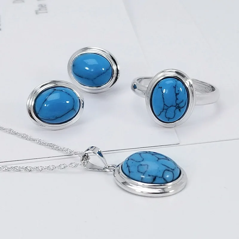 SA SILVERAGE, 925 пробы, серебряное, бирюзовое, круглое ожерелье/серьги-гвоздики/кольца, ювелирные наборы для женщин, 925 Серебряные наборы, две серии