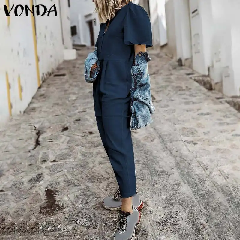 VONDA, летний женский комбинезон,, сексуальный, короткий рукав, на пуговицах, прямой, Повседневный, хлопок, комбинезон, OL, комбинезоны размера плюс