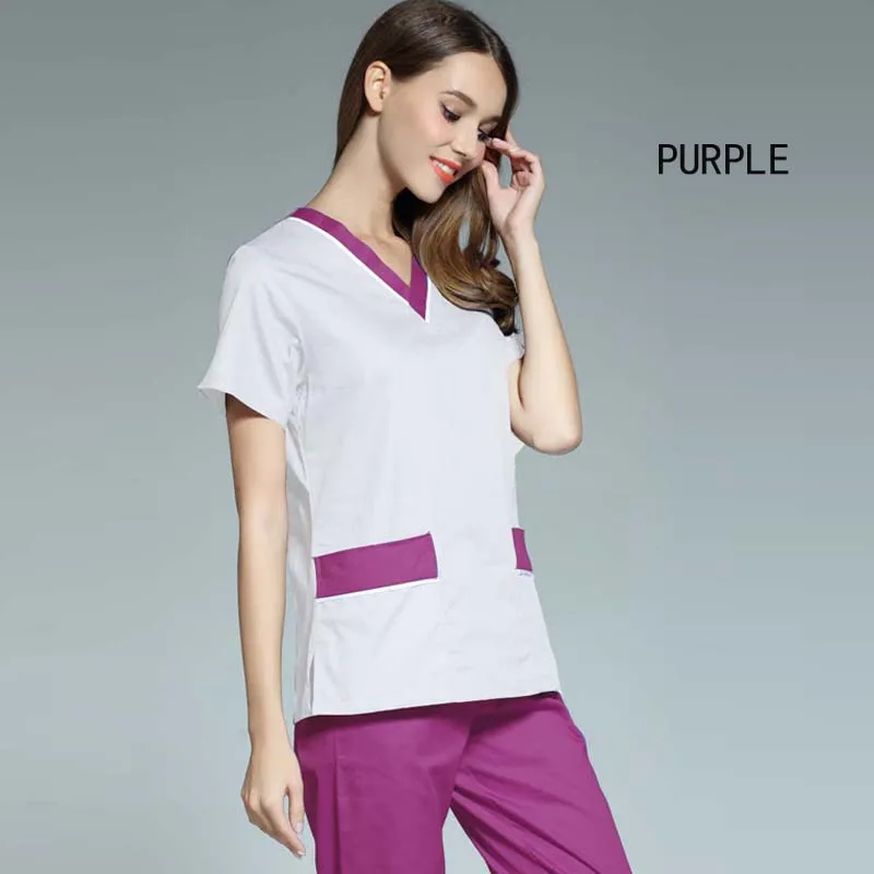 

Women's Fashion Scrubs TOP Color Blocking Medical Uniforms V Neck Top Pure Cotton Surgery Scrubs Pharmacy Workwear ( Just A Top)