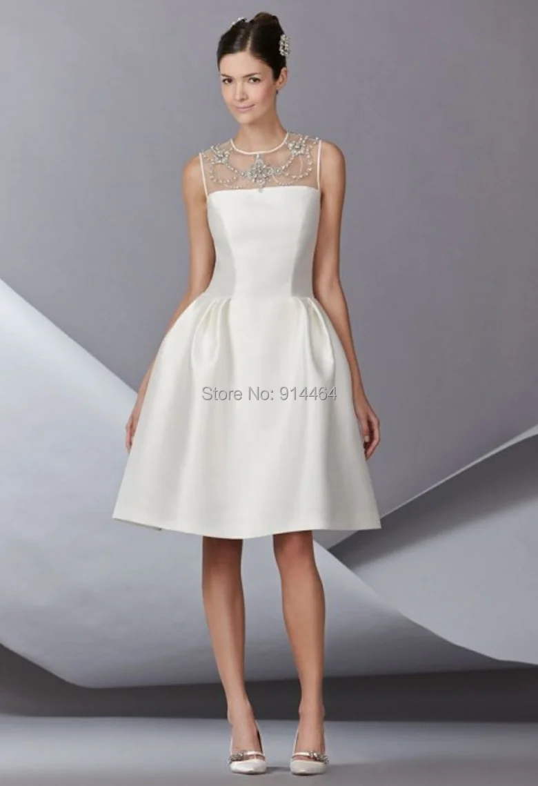 Fabulous 2014 A-Line Wedding Gowns Illusion Neckline Sheer Ruffles Beaded Crystal Short/Mini Free Shipping Satin Dresses | Свадьбы и