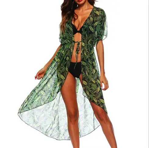 Green Leaf Print Bknin, регулируемое Талия, сексуальное пляжное платье, женское пляжное платье, с принтом, длинные платья, туника, купальник, бикини, накидка, Sarong,, вечерние - Цвет: Green Leaf Print