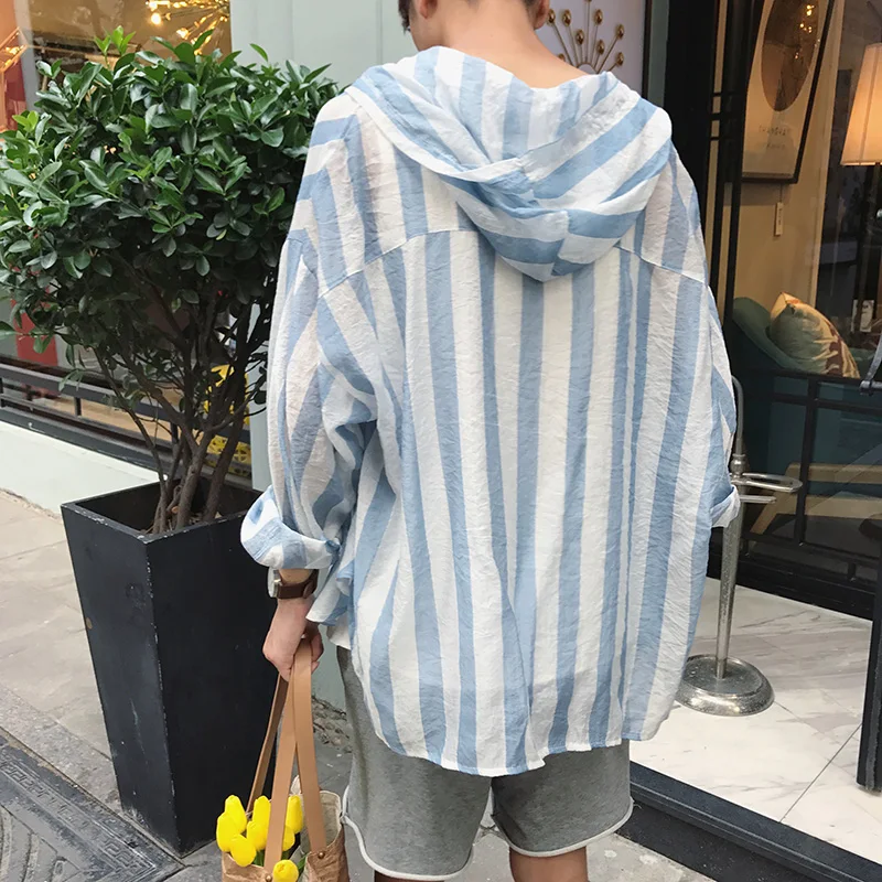 Summer Casual Streetwear Long Sleeve Fashion Korean Style Striped Hooded Mens Shirt