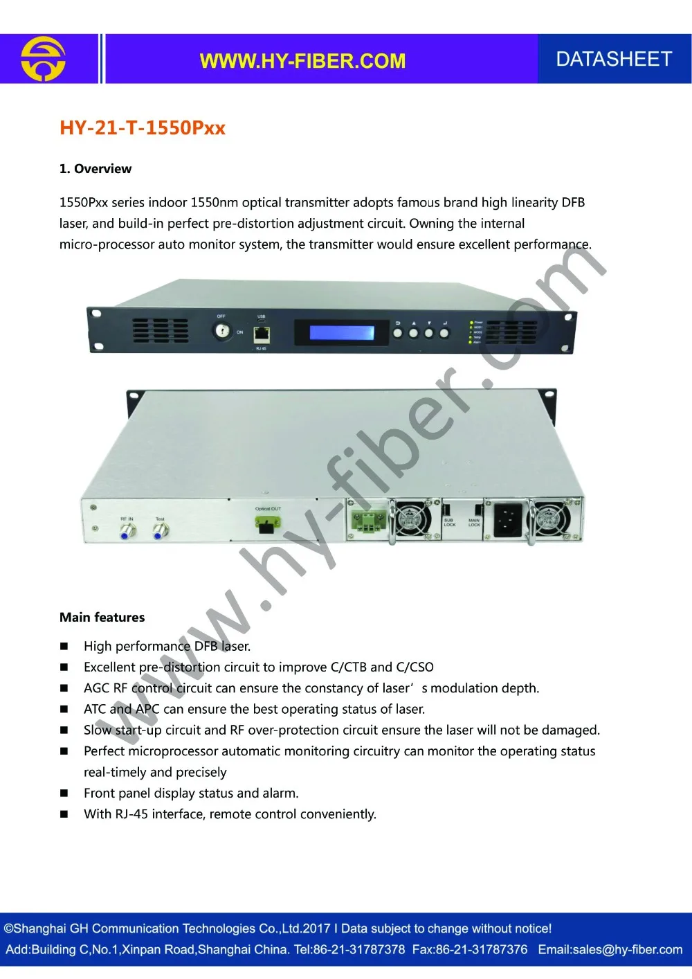 CATV 1550nm оптический передатчик 10dBm расстояние 25 км HY-21-T15P10