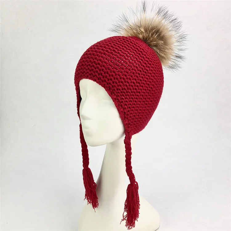 red hat with pom Детская шапка с большим помпоном для малышей; зимняя теплая шапка с помпоном из лисьего меха; вязаная Лоскутная шапка с кисточками и ушками; Шапка-бини с помпоном - Цвет: red hat with pom