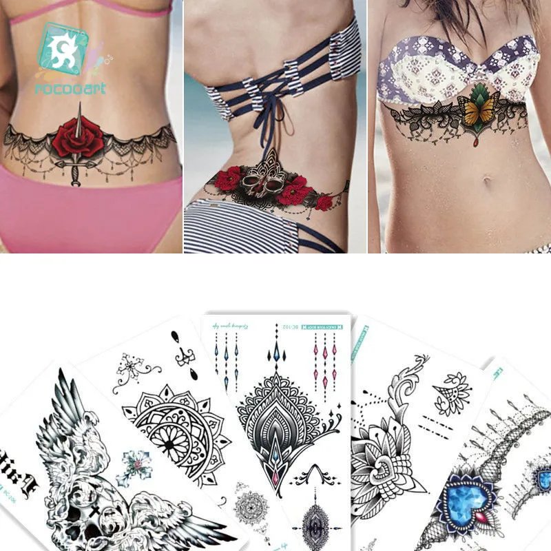

BC-5Sheets Trendy Women Chest Back Temporary Tattoo Large Flower Shoulder Arm Sternum Tattoos Sexy Henna Body Paint