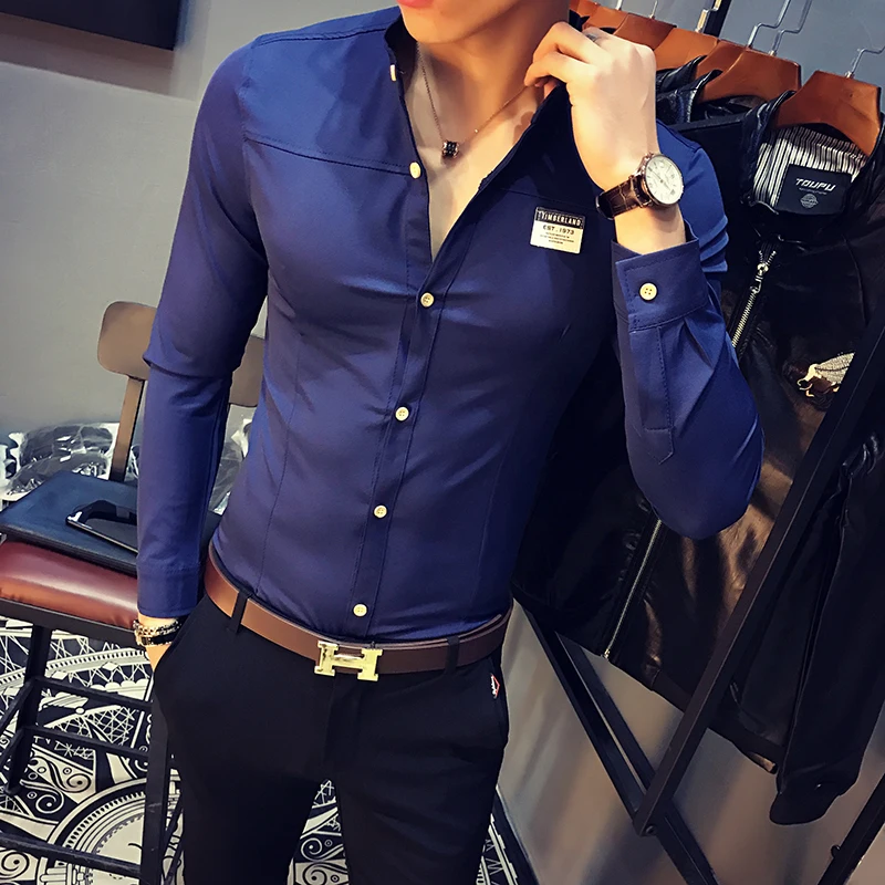 Одежда высшего качества Для мужчин рубашка Slim Fit простой с длинным рукавом