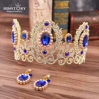 himstory new wedding royal hair accessories blue crystal bridal pageant tiaras crow big luxury rhinestone headband hair jewelry