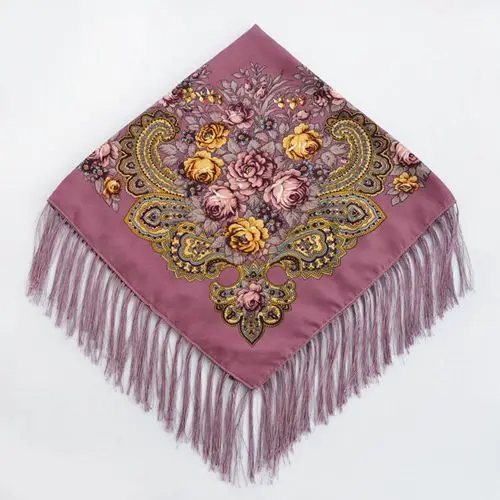 ASH05 Women Tassel Square Scarf Shawl Lady Printed Floral Short Tassel Headband Retro Cape Wrap Scarves 90*90cm - Цвет: ASH05