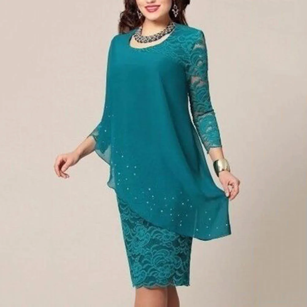 Женское однотонное платье с рукавом 3/4 и круглым вырезом средней длины|Женские