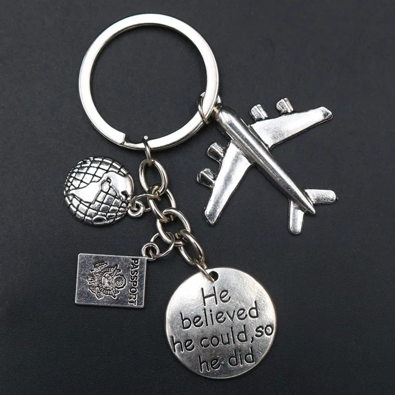 

WKOUD 1pc Silver Plated He Believe He Could So he Did Charm Airplane & Passport & Map Keychain DIY Creative Couple Key Chain