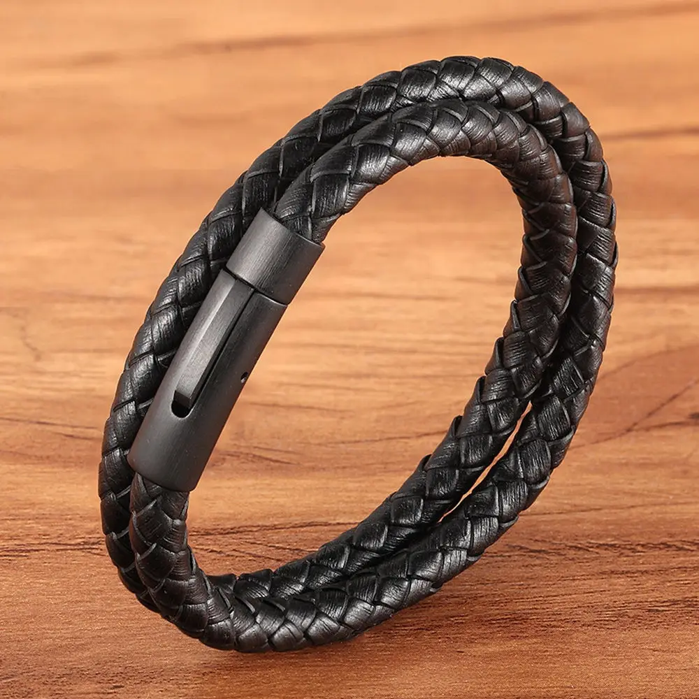 Black with Black Идеальный дизайн, двойной слой, винтажная стальная пряжка, Геометрическая оплетка, 6 мм, браслет из натуральной кожи для мужчин и женщин, модный подарок на день рождения - Окраска металла: Black with Black