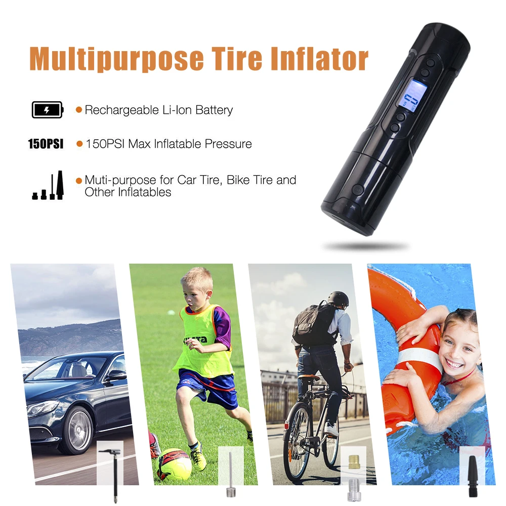 

Fineed mini air compressor 12V 150 PSI tire inflator for car motor bicycle Tire Pump with tire Gauge LED Light power bank