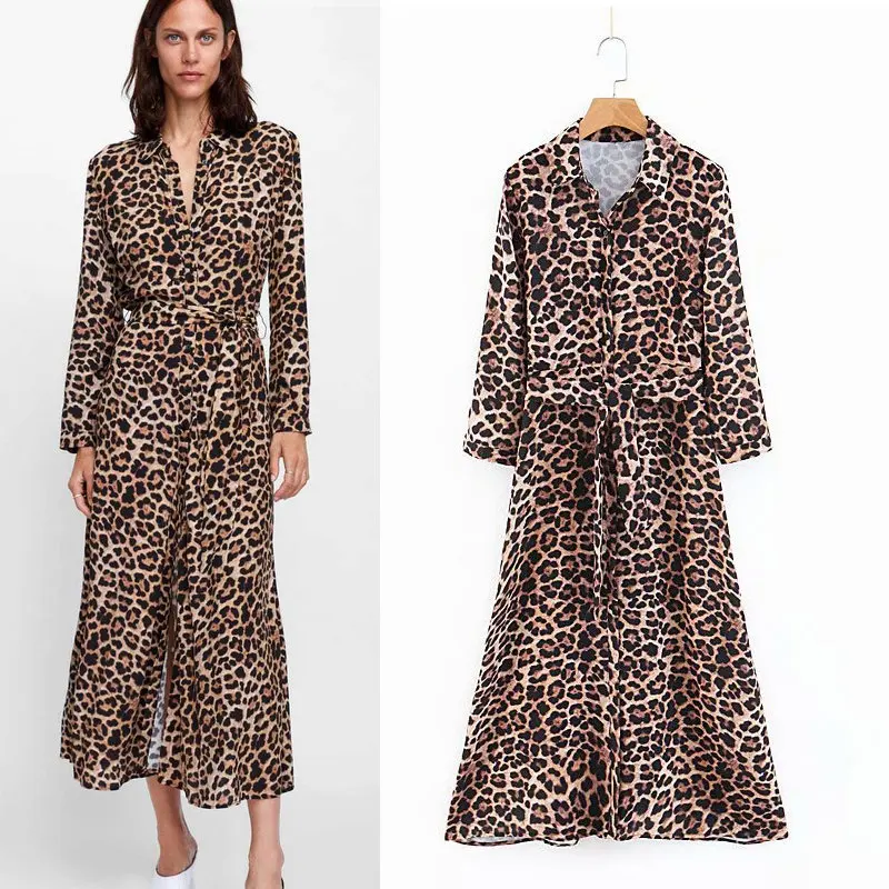 2018 Autumn New Women Leopard Print Maxi Dress Bow Tie Sashes Long Sleeve Retro Ladies Casual Chic Female Dresses Vestidos Женская