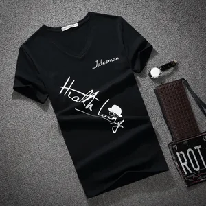 Футболка мужская с V-образным вырезом, модная тенниска с короткими рукавами и надписью, облегающий Топ, размер S-5XL, лето 2018