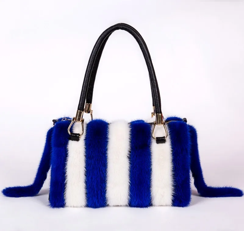 Белые синие черные полосатые сумки из меха норки женская кожаная сумка рюкзак