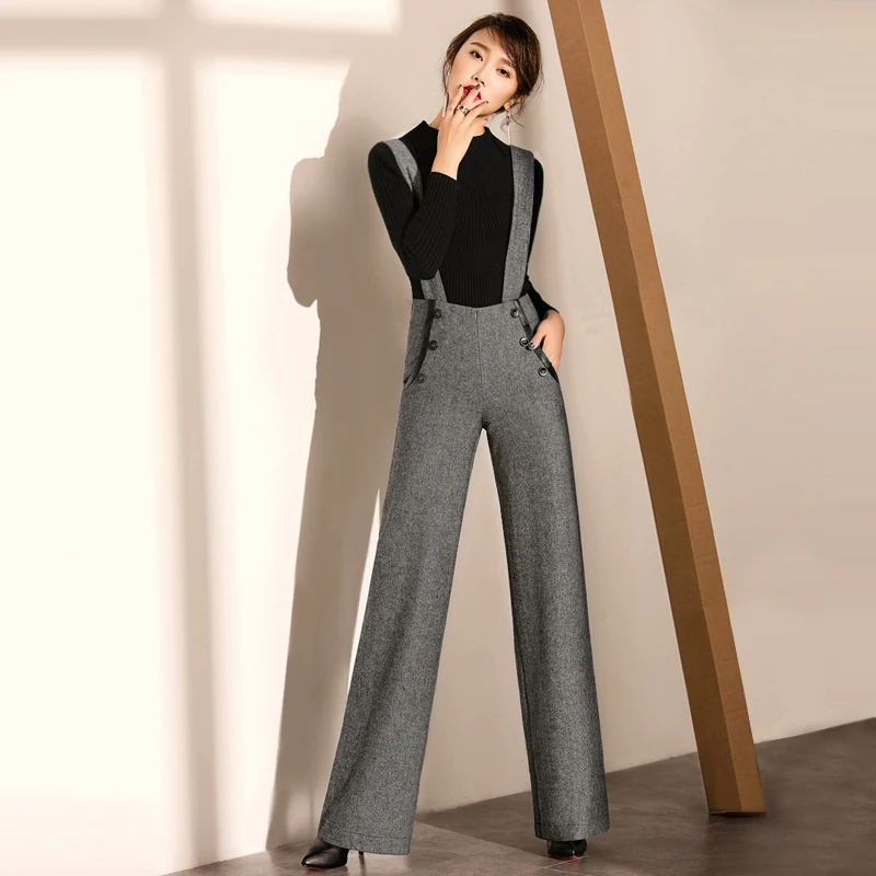 Jumpsuits Women Rompers 70% Wool Blended Fabric Pockets Button Decoration Full Length Wide Leg Classic Design New Fashion 2018