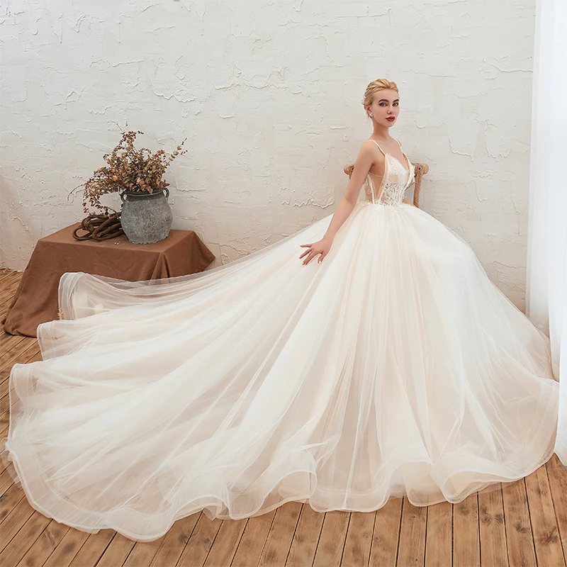 Vestido De Noiva свадебное платье с v-образным вырезом и аппликацией на тонких бретелях Vestido De Casamento Chapel Train романтическое свадебное платье