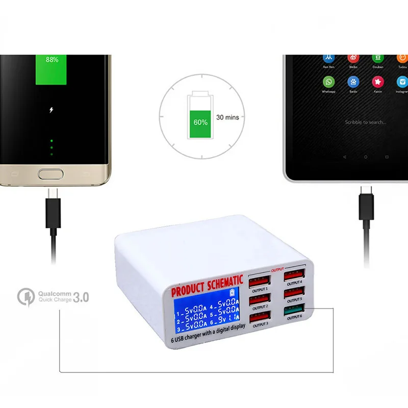 Для Qualcomm Charge 3,0, 6 портов, умное зарядное устройство для мобильного телефона, настольное USB зарядное устройство для iPhone, samsung, Xiaomi, быстрое зарядное устройство
