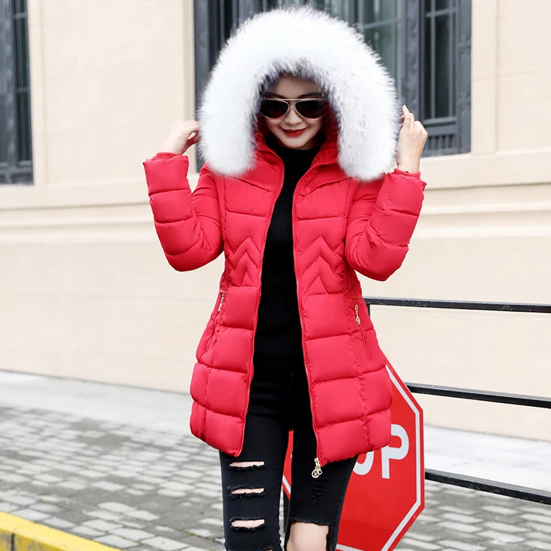 Зимняя женская длинная куртка с воротником из искусственного меха теплая