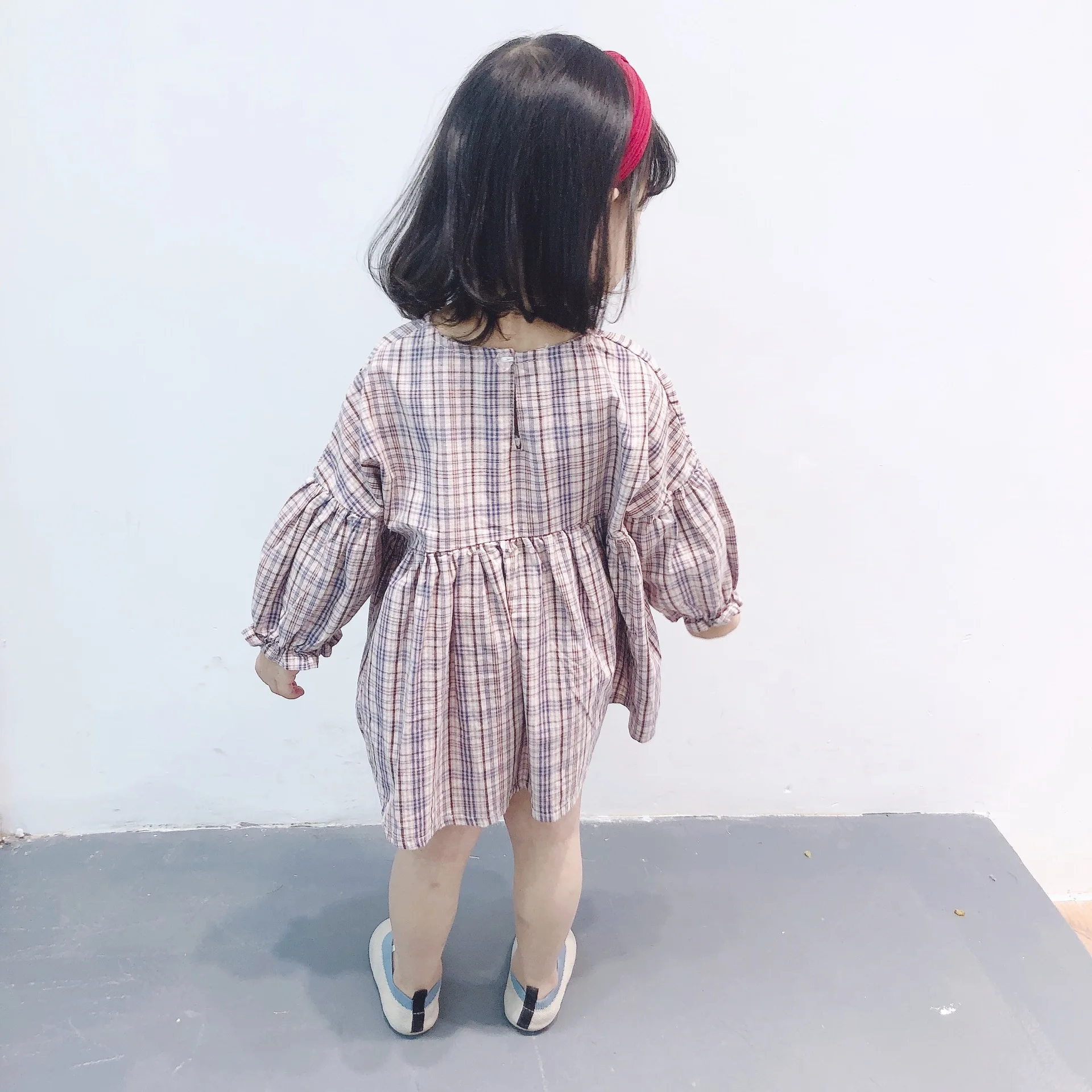 2019 Spring cute girls pink plaid puff sleeve loose A-line fashion princess dresses kids cotton all-match casual dress | Детская одежда