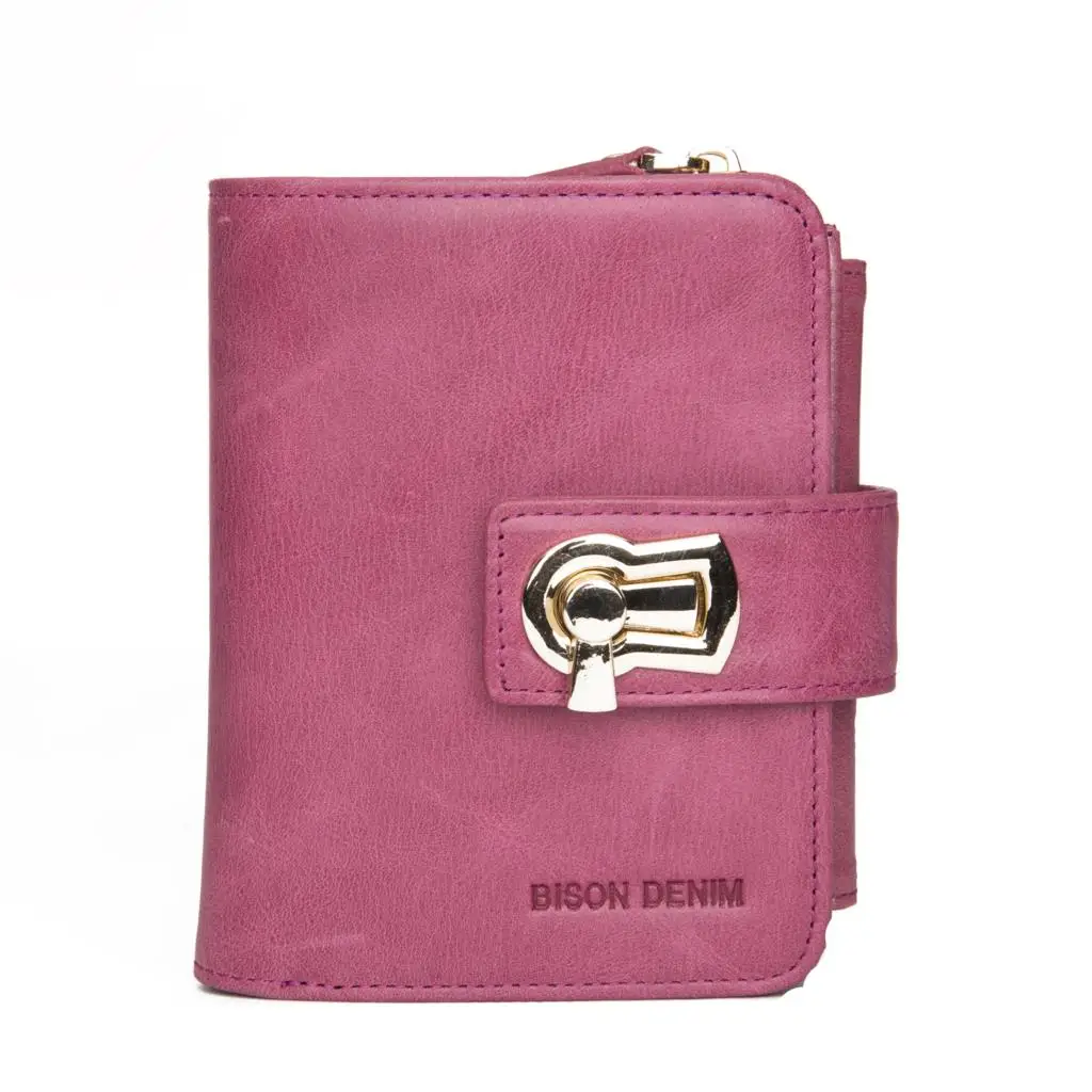 BISON DENIM, женский короткий кошелек из натуральной кожи, Женский кошелек на молнии, металлический кошелек с замком, маленький кошелек, отделение для монет, Cartera B3279 - Цвет: purple