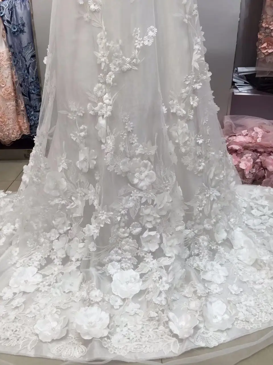 

1 yard Off White Embroidered Tulle Lace 3D Lace Fabric With Pink Flowers 3D Flowers Bridal Lace Fabric