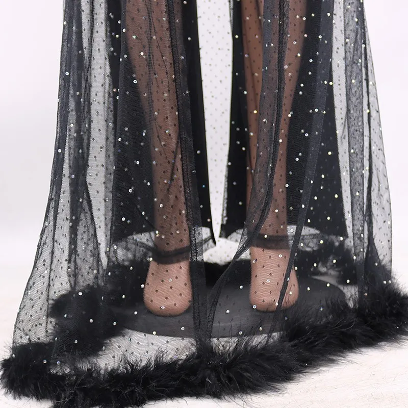 Черный сетчатый сексуальный прозрачный комплект из 3 предметов с перьями женский