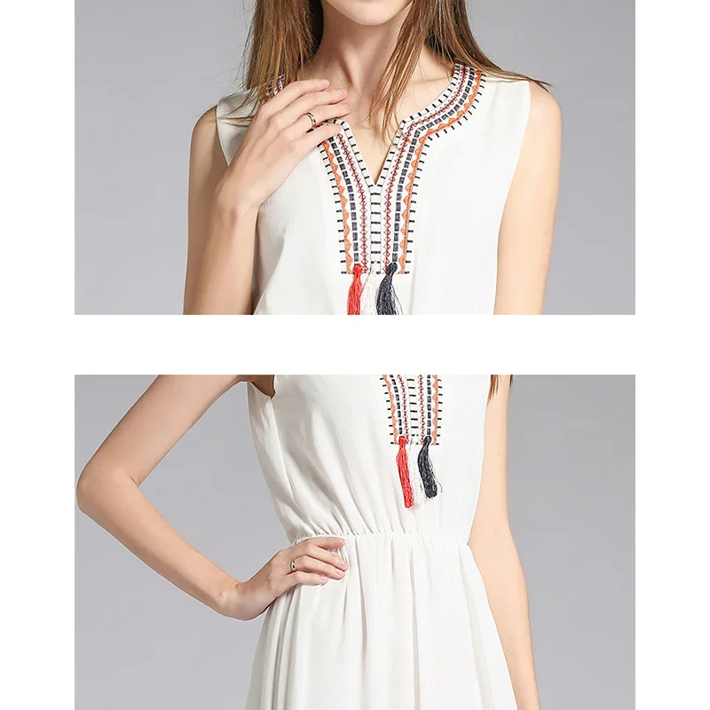 Willstage 2019 summer White chiffon dress Women Bohemian beach Wear seaside resort boho Sleeveless Tassel patchwork | Женская одежда