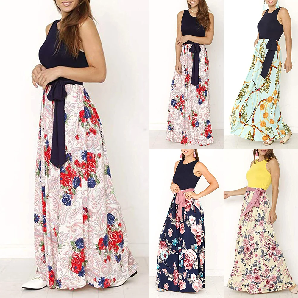Женское длинное платье макси без рукавов с цветочным принтом в стиле бохо летнее
