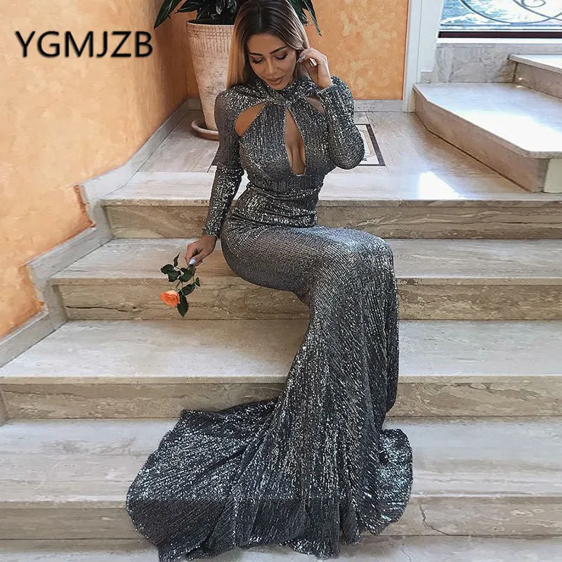 

Robe De Soiree 2019 Sparkly Sequined Mermaid Evening Dresses with Full Sleeve Saudi Arabia Women Formal Prom Dress Party Dress
