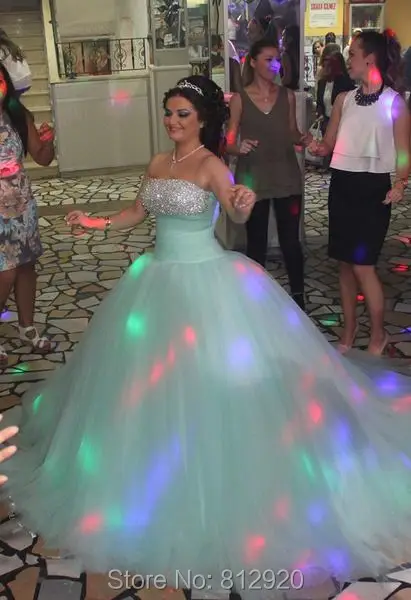 Без бретелек горный хрусталь алмаз пушистые Бальные платья Aqua зеленый свадебное