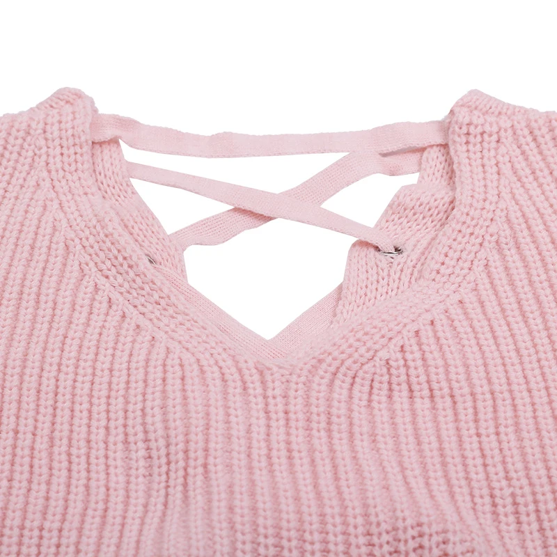 SharVell Women V-Neck Spring Sweater Fashion Backless Criss-Cross Lace Up Streetwear Pullovers Loose Solid Pink Sweaters | Женская